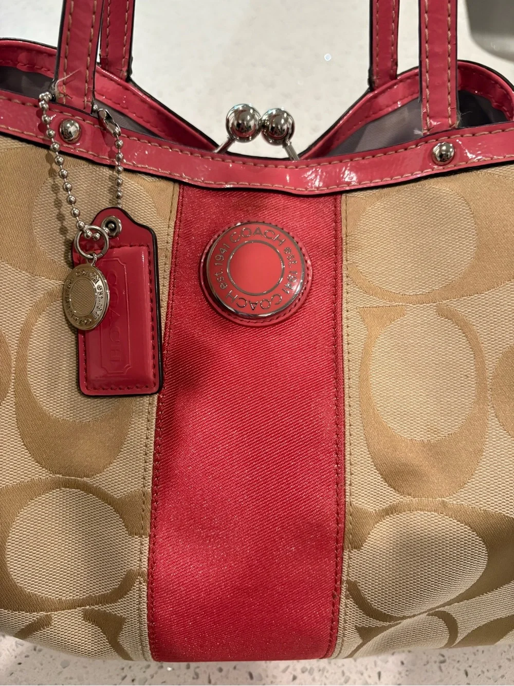 Coach Beige Signature Tote with Pink Trim - Picture 8 of 10